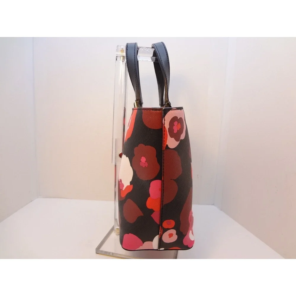 Kate Spade Floral Tote Bag Womens Medium Black Pink Excellent Saffiano Leather